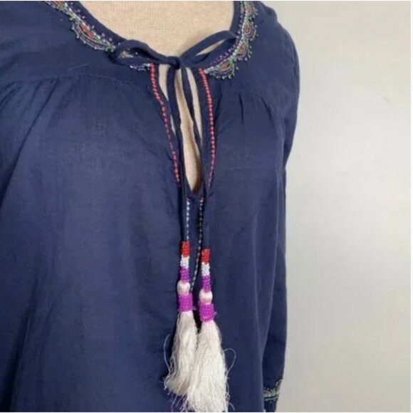 Solitaire Boho Blue Embroidered and Beaded Split Neck Tunic With Tassel Ties Med - Picture 5 of 8